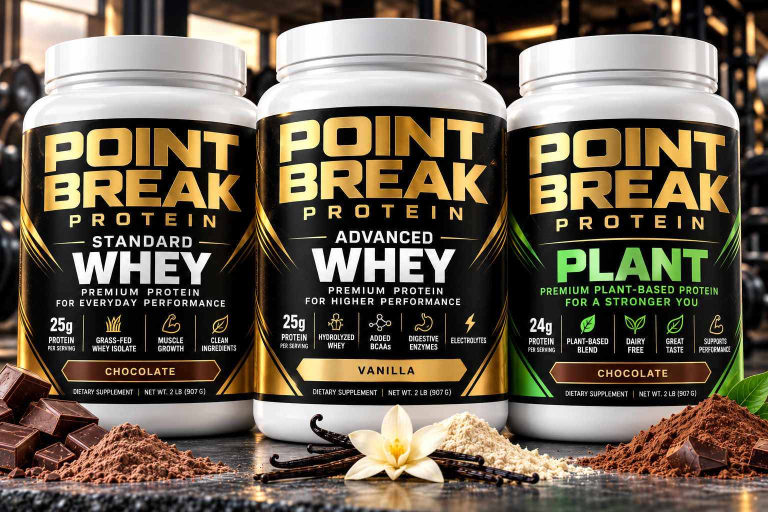 Point Break Protein Standard Whey, Advanced Whey and Plant Protein